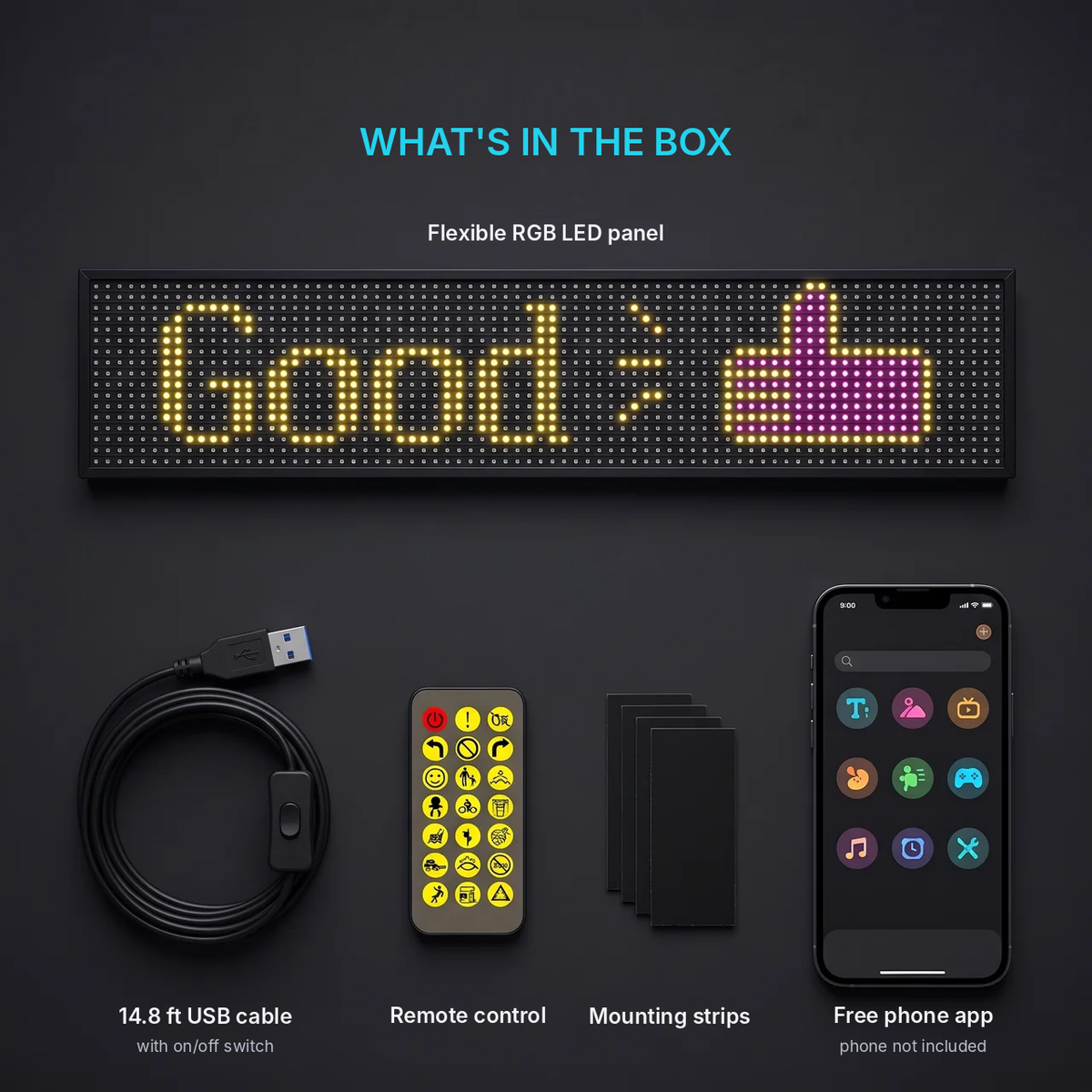 What's in the box: LED panel, USB cable with switch, remote control, mounting strips